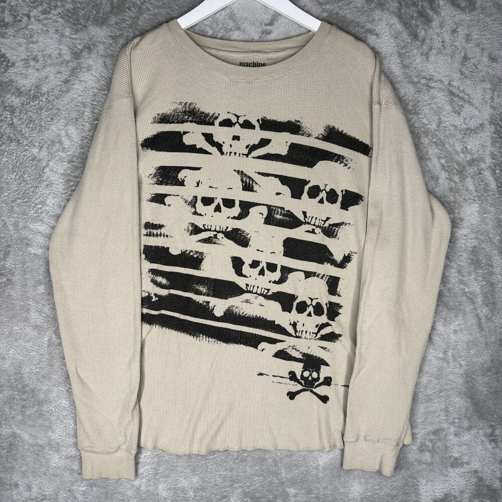 Vtg Machine Thermal Shirt Mens XL Beige Skull Crossbones Graphic Long Sleeve Y2K